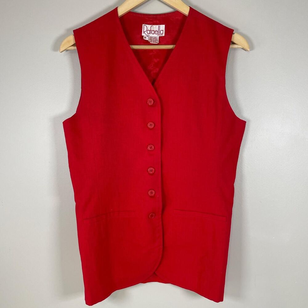 RAFAELLA 10P Red Vintage 80s/90s Linen Blend‎ Button Up Vest Preppy